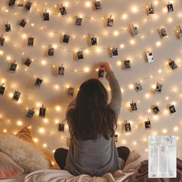 Cynzia - Cadena de luces con 100 clips transparentes, 100 luces LED con forma de hada estrellada, alambre plateado, funciona con pilas para colgar fotos en la pared, bodas, fiestas, decoración de Navidad