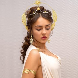 WILLBOND 15 Pieces Greek Goddess Costume Accessories Women Toga Golden Leaves Bridal Crown Headband Bracelet Pearl Earrings and Hair Pins (Moon Style)