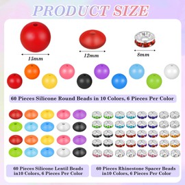 Tidponra 180 Pieces Beads for Pens, 60 Pieces Silicone Lentil Beads, 60 Pieces Silicone Round Beads and 60 Pieces Rhinestone Spacer Beads for Beadable Pens, Keychain Making and Jewelry Making