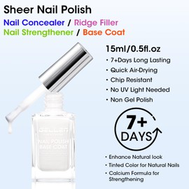 Gellen 4-In-1 Illuminating Nail Concealer Base Coat Polish Milky White, Nail Strengthener Ridge Filler, Sheer Nail Polish Smooth Strengthen Natural Nails, Quick Dry, Non UV Gel, Hema Free, Toxin Free