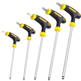KEWAYO 5 Piece Set Hex Key T Shape Long Ball Point Chrome Vanadium Steel 0.1 inch (2.5 mm), 0.1 inch (3 mm), 0.2 inch (4 mm), 0.2 inch (6 mm), T Shape Hex Wrench for Repairing Cars, Machinery,