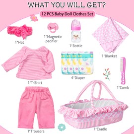 12Pcs Reborn Baby Doll Clothes Accessories for18-20 Inch Reborn Dolls Clothes Pink Hand Basket Diapers Set