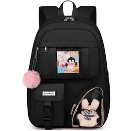 Cute Backpack School Bookbag for Girls: 15.6 Inch Large Backpacks for College Students Book Bag Stylish Laptop Backpacks Middle High School Bag Casual Travel Back Pack for Women Kids Teen Black