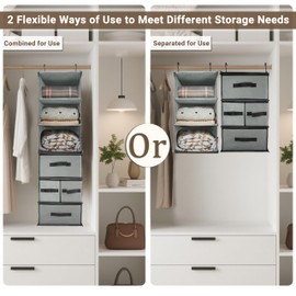 2-in-1 Durable 6-Tier Hanging Closet Organizer with 4 Removable Drawers,2 Separable 3-Tier Thickened Fabric Hanging Shelf Clothes Storage Organization Space-saving for Bedroom,Dorm,Guestroom,RV,Travel
