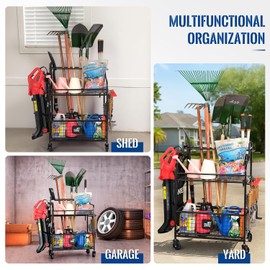 Mythinglogic Garden Tool Organizer for Garage, Yard Tool Rack with Wheels, Garage Organizers and Storage Holder for Yard Tools (Deluxe Tower)