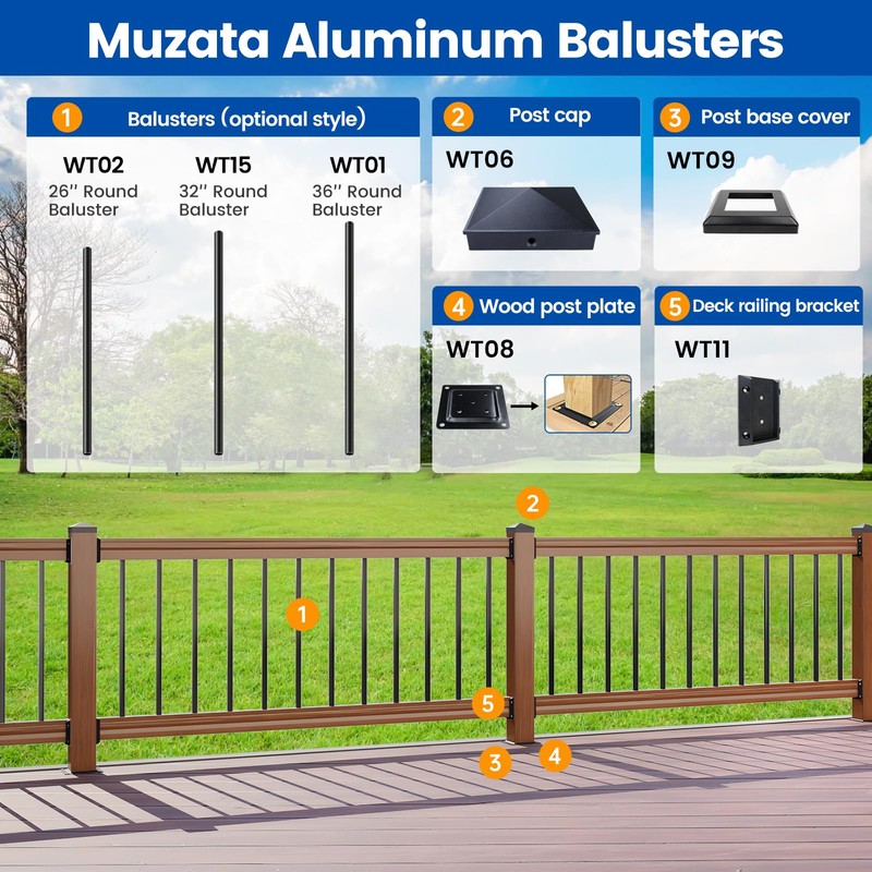 Muzata 50Pack 36" Aluminum Deck Balusters Round Black Deck Railing