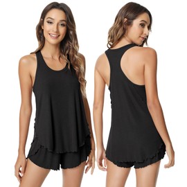NACHILA Pajamas for Women-Viscose Made from Bamboo,Ribbed Racerback Tank Top and Shorts Pajama Sets Sleeveless Sleep Cami Pj Black M