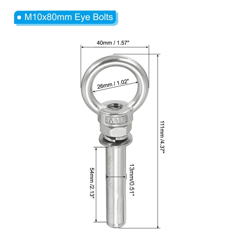PATIKIL Expansion Eye Bolt M10x80mm, 2 Pack 304 Stainless Steel