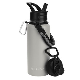 Belle Vous Trinkflasche Edelstahl mit 2 Deckeln - Doppelwandige Vakuum Thermo-Trinkflasche 1L mit Strohhalmdeckel für Heiße/Kalte Getränke - BPA-Freie, Auslaufsichere Trinkflasche Sport/Zuhause - Grau