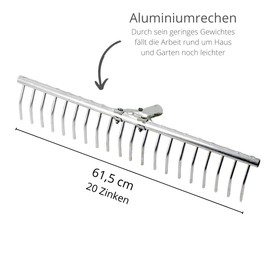 Rekord Lawn Rake (Aluminium) 20 Prongs - Width: 61.5 cm - Without Handle, Leaf Rake, Ironing Rake, Rake, Garden Tool, Rake, Garden Rake, Hay Rake