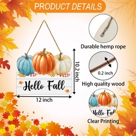 Fall Door Decor Blue Orange Pumpkin Wall Decor Hello Fall Sign Wooden Front Door Hanger Pumpkin Hanging Sign for Autumn Thanksgiving Harvest Farmhouse Porch Indoor Outdoor Home Decorations