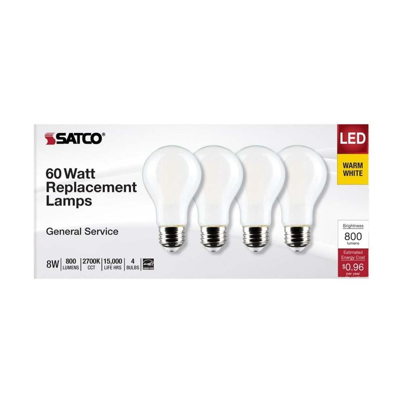 Satco S12466 8 Watt A19 LED Bulb, Soft White, 2700K,