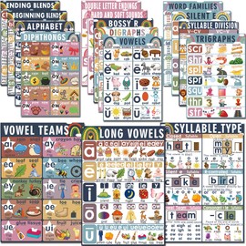 16 Sound Wall Classroom Phonics Language Arts Charts for Kids Toddler Learning Vowels Sounds Posters, Phonics Posters for Classroom, Digraphs and Blends Poster, Reading Posters for Classroom, Boho Classroom Decorations（16 x 11 Inch） (Boho Rainbow)