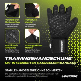 Encore Grips® Fitness Gloves for Men and Women - Training Gloves with Wrist Support for Strength Training, Gym, Strength Training, Weight Training, Cycling, Bodybuilding (Black, XL)