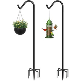 Eazielife Shepherds Hook for Outdoor Bird Feeders Pole 60 Inch Tall, Adjustable Heavy Duty Garden Hanger Stake Pole with 5 Prong Base, Shiny Black (2 Packs)