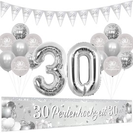 Cheereveal Pearl Wedding Decoration, 30 Pearl Wedding Yard Banner, Silver Number 30 Foil Balloons, Pennant Flag, Happy 30th Wedding Anniversary, Pearl Wedding Party Supplies Decoration for Couple