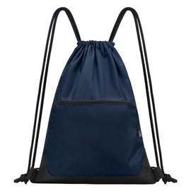 Drawstring Backpack Sports Gym Sackpack for Men Women,Patchwork Color Waterproof Drawstring Bag,Cinch Bag with 2 Zipper Pockets,String Backpack for Beach Soccer Football Wrestling,Navy blue M