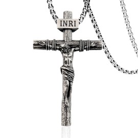 ZENLUNANO Crucifix Cross Necklace for Men with 18K Gold Plated Exquisite Antique White Gold Jesus Pendant and Double 20+2 inch Adjustable Necklace Chains