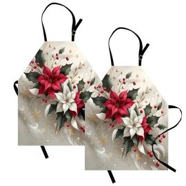 Ambesonne Christmas Apron Pack of 2, Traditional Xmas with Poinsettia Flowers Ornate and Snowflakes, Unisex Kitchen Bib with Adjustable Neck, 2 Pcs - Adult Size, Pale Vermilion and Grey Teal