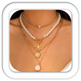 Fashband Boho Seestern-Halskette mit mehreren Perlen, Muschel-Halsketten, Strand-Halsketten für Damen