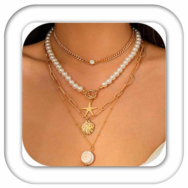 Fashband Boho Seestern-Halskette mit mehreren Perlen, Muschel-Halsketten, Strand-Halsketten für Damen