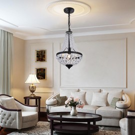 Vinilky Empire Crystal Chandelier, 11.8'' Farmhouse Pendant Light Fixture E26 Base Adjustable Chain Vintage Metal Ceiling Light for Kitchen Island Dining Room Living Room Foyer Hallway, Black