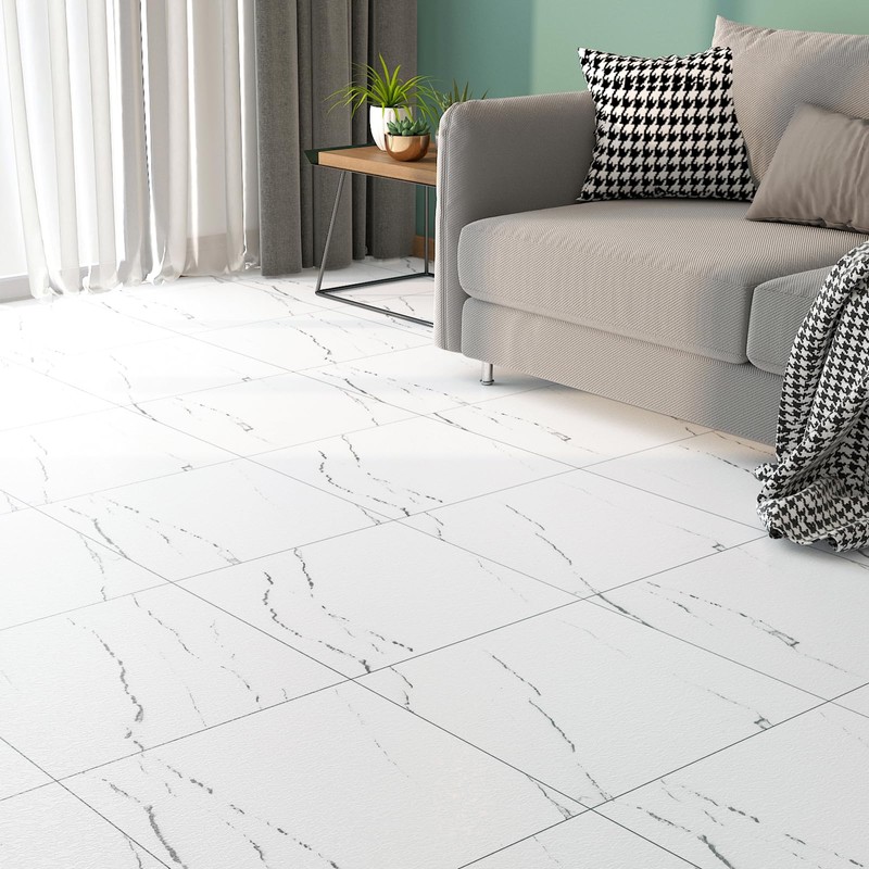 FunStick Peel and Stick Floor Tile White Marble Vinyl Flooring