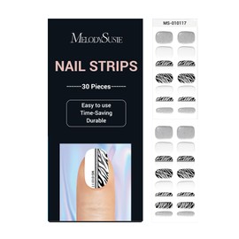 MelodySusie Semi Cured Gel Nail Strips - Works with Any Nail Lamps, Salon-Quality, Long Lasting, Easy to Apply & Remove - Includes 30Pcs, 2 Prep Pads, Nail File & Wooden Stick (Glitter Zebra)