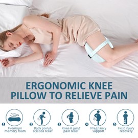 Knee Pillow for Side Sleepers, Memory Foam Leg Pillow for Side Sleeping, Between Legs Pillow for Back Hip Pain, Spine Aligning, Sciatica, Pregnancy-Under Knee Pillow with Ice Silk Cover and Strap