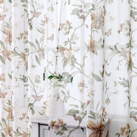 Tollpiz Floral Sheer Curtains Taupe Cherry Flower Butterfly Print Bedroom Curtain Rod Pocket Voile Linen Look White Sheer Curtains for Living Room, 54 x 72 inches Long, Set of 2 Panels