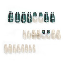 Christmas Press on Nails Square Medium 24Pcs Green Christmas Fake Nails Sets Glossy Full Cover Acrylic Xmas Winter False Nails with Gold Snowflake Gems Designs Holiday False Glue Fingernails