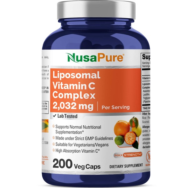 NusaPure Liposomal Vitamin C 2032mg - 200 Veggie Capsules, BioPerine - High Absorption Ascorbic Acid