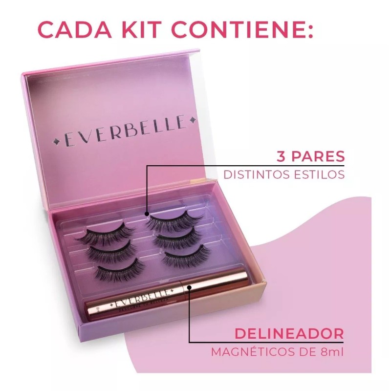 Everbelle Pestañas Magnéticas Premium + Delineador 3 Pares Reusables