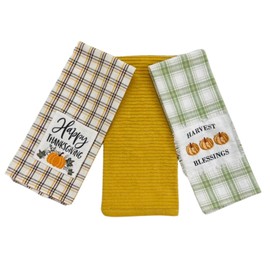 Home Decor Farmhouse Rustic Kitchen Dish Towels: Colorful Cotton Flat Weave Applique and Ribbed Towels, Happy Thanksgiving and Harvest Blessings