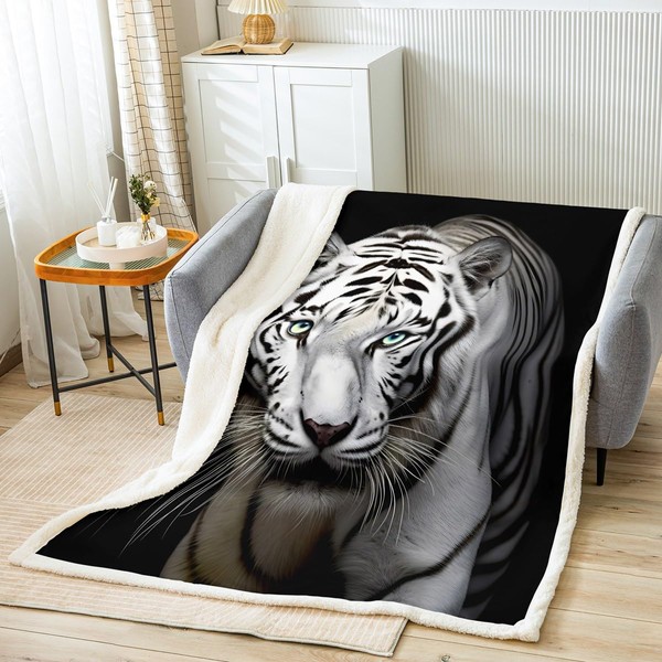 Women Tiger Fleece Blanket for Sofa Couch Black White Wild