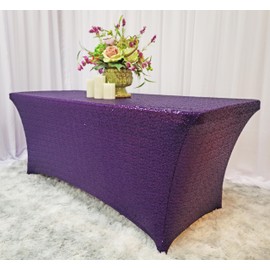 Wedding Linens Inc. 6 FT Rectangular Sequin Spandex Stretch Fitted Table Cover Tablecloths - Eggplant