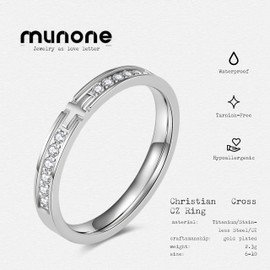 munone Cross Half Eternity Christian Purity Ring for Women Men,Cubic Zirconia 14k Gold Plated Titanium and Stainless Steel Non Tarnish Stacking Wedding Band Ring