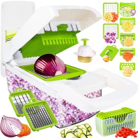 Dewpeton Pro-Series 16-in-1 Mandoline Slicer & Spiralizer, Veggie Chopper with Container for Onion Salad & More