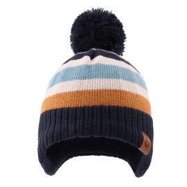 XIAOHAWANG Knitted Baby Hat Winter Warm Boys Girls Beanie Fleece Lining Toddler Kids Hat with Pompom (Navy Striped Hat, L)