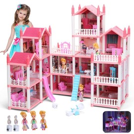 16 Rooms Huge Dollhouse, 10" x 6" x 11" Doll House ,Pink Pretend Play Toy House:_Blue