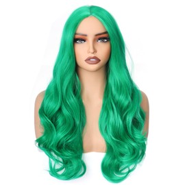 PORSMEER Wigs 26 Inches / 60 cm Length Wavy Synthetic Fibre Curly Hair Fibres Replacement Wig for Parties Cosplay Daily Wig (Green)