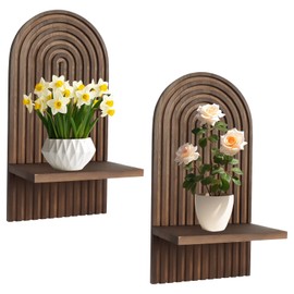 Yallmie 2Pcs Bohemian Wooden Wall Shelves, Bohemian Hanging Shelf Display Floating Rainbow Wall Shelf, Wood Wall Mount Book Shelf for Home Room Small Plants Decor (Brown)