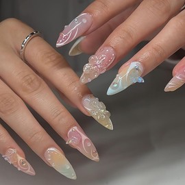 Tyuimhx Colorful Gradient Press on Nails Medium Almond Fake Nails With 3D Flowers Pearls Designs 3D Butterfly False Nails Full Cover Stick on Nails Acrylic Ombre Artificial Nails for Women 24Pcs