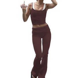 YETOWA Women's Summer 2 Piece Outfit Slim Camisole Top Low Rise Flared Pants Set Versatile Activewear for Yoga Leisure