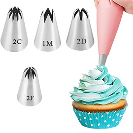 Set of 4 Stainless Steel 304 Professional Piping Nozzles, Medium Size (1 M + 2C + 2D + 2F, for Decorating Cakes, Cupcakes, Doughnuts, Nozzles Compatible with Piping Bag/Piping Bag, Piping Nozzles Set