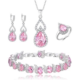 EleQueen Jewelry Set for Women, Pink Teardrop Cubic Zirconia Necklace Open Ring Earrings Bracelet Sets, Wedding/Anniversary/Valentine's Day/Mother’s Day Gifts for Bridesmaid/Wife/Friend/Mom