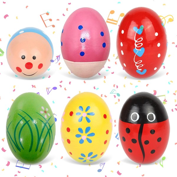 6 Pack Wooden Percussion Musical Easter Eggs Shakers - Colorful