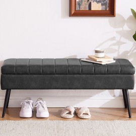 CUYOCA Storage Ottoman Bench, 43.5" Faux Leather Upholstered Entryway Bench, Long Ottoman with Storage for Living Room, Support 660lbs - Black
