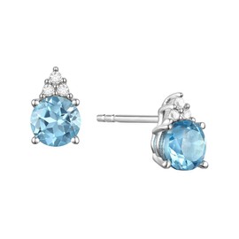 Tirafina Diamonds and Genuine Blue Topaz Stud Earrings, 3 Round Shaped Diamonds Set Above a Genuine Blue topaz, 3 Natural Round Diamond Stones, 14K White Gold, 4.5mm Stone