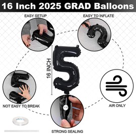 Black 2025 Congrats Balloons, 16 Inch Matte Black 2025 GRAD Foil Balloons Banner Sign for Graduation Decorations 2025, College High School Class of 2025 Graduate Congratulations Party Decor Supplies
